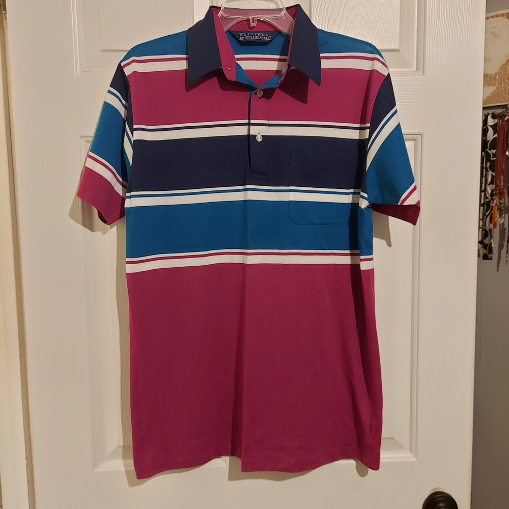 Editions by Van Heusen Mens Vintage 90s Striped Polo Shirt Magenta Teal Medium